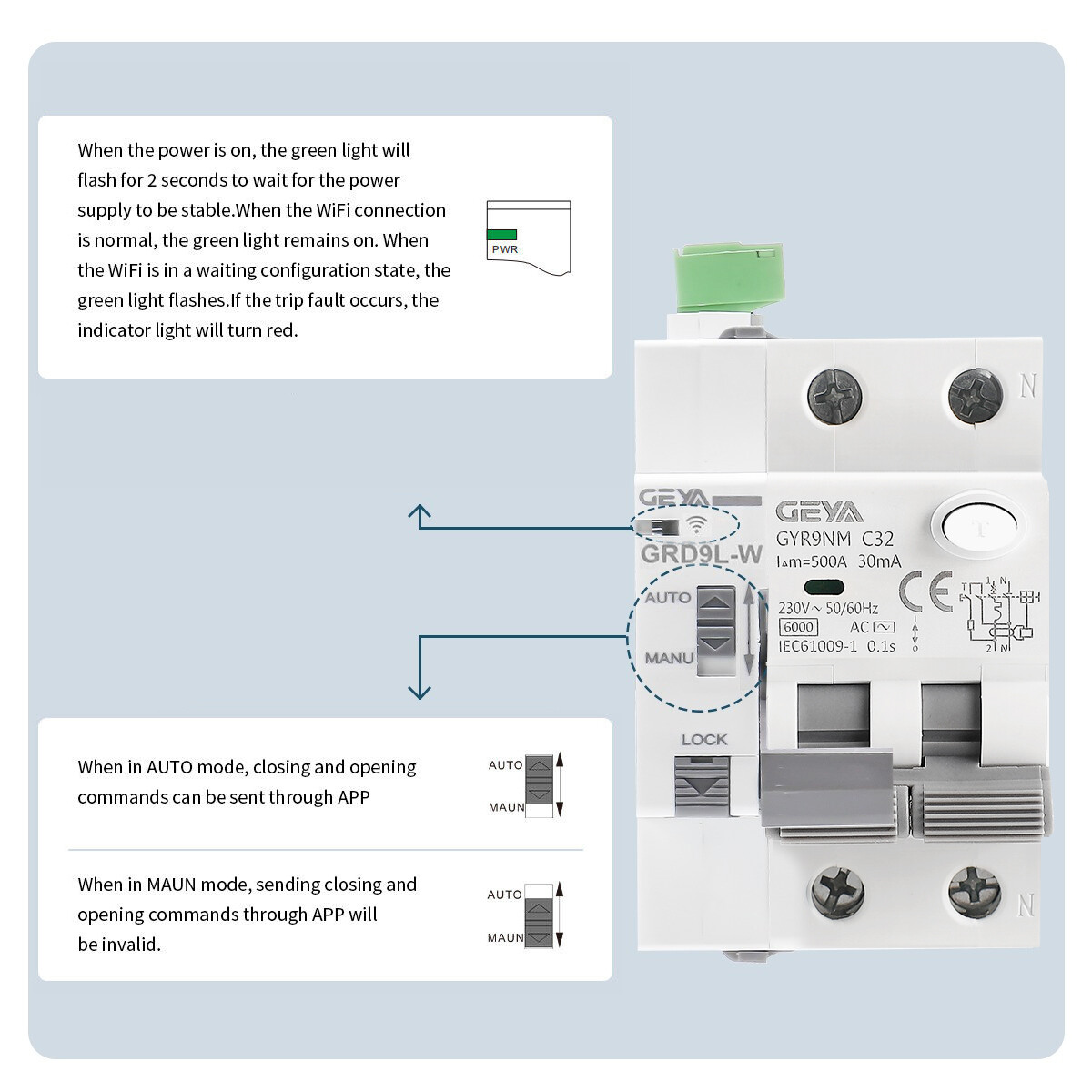 GEYA WIFI Tuya Controller Smart RCBO AC Type 2P AC230V 16/25/40A 30/100/300mA