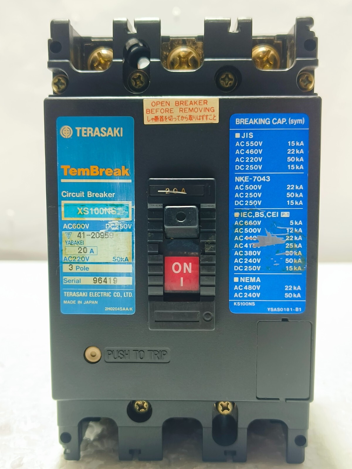 TERASAKI XS100NS 20 A 3 POLE CIRCUIT BREAKER AC220V 50kA MCCB (Free Shipping)