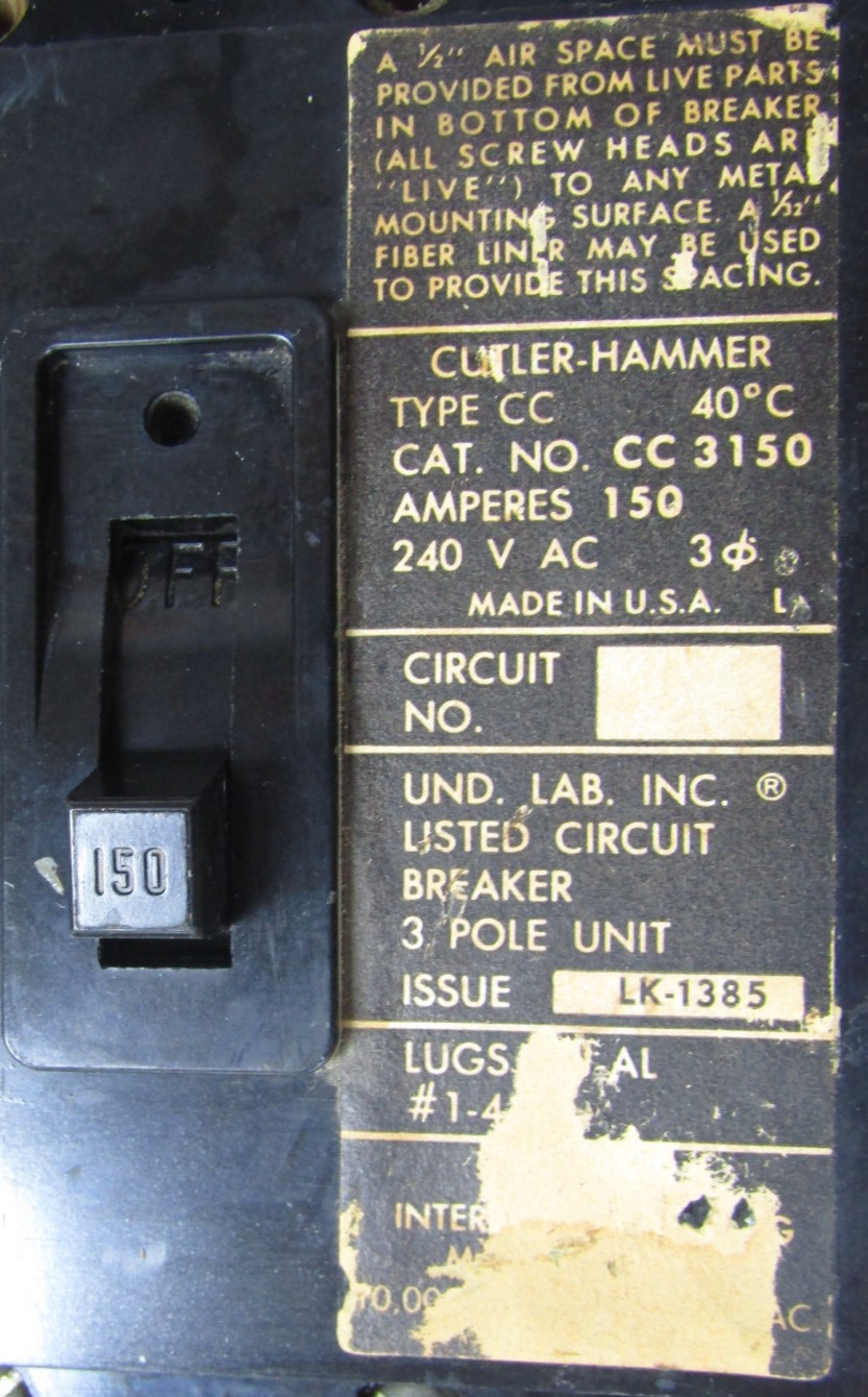 🙌 CUTLER-HAMMER 150 AMP I-LINE CIRCUIT BREAKER 240 VAC 3 POLE CC3150