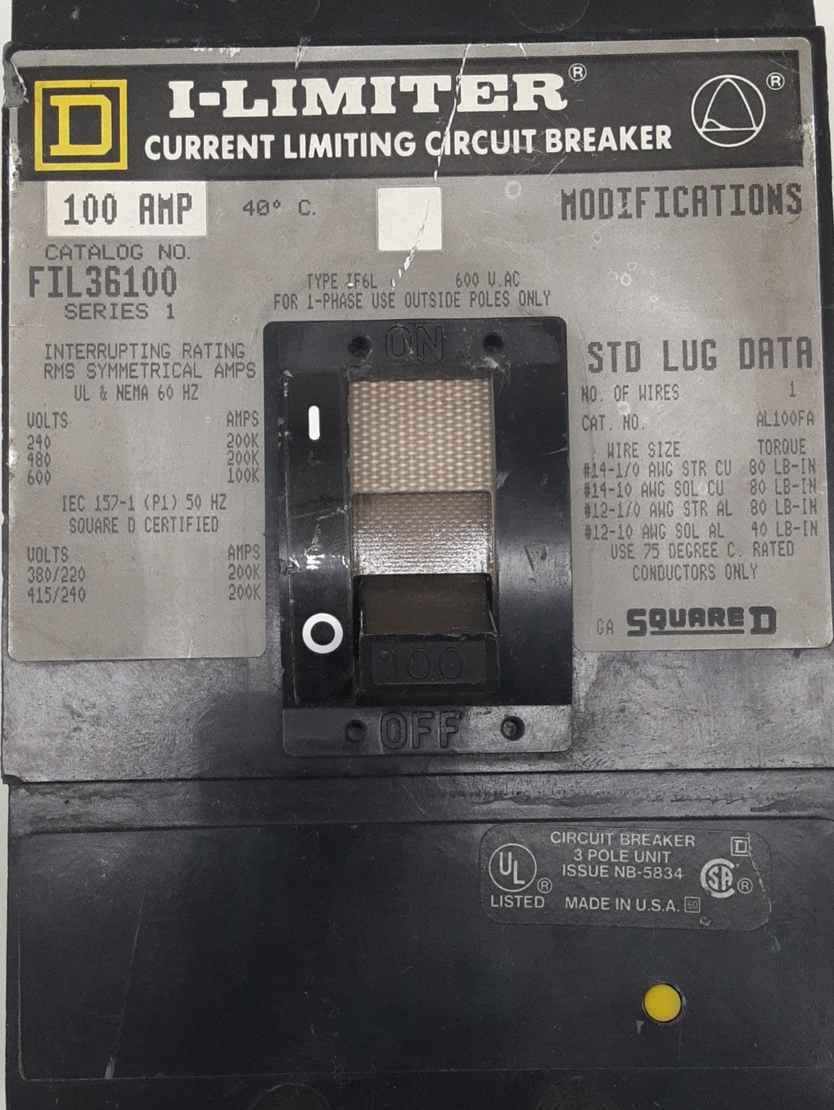 Square D FIL36100 I-Limiter® 3-Pole Circuit Breaker, 600V 100A