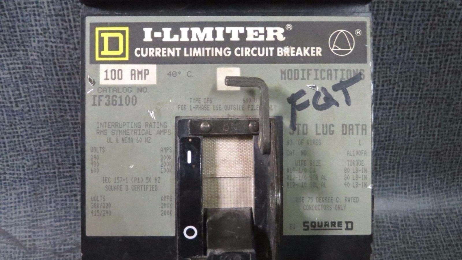 SQUARE D I-LIMITER I-LINE CIRCUIT BREAKER 100 AMP 600 VAC 3 POLE MODEL IF36100