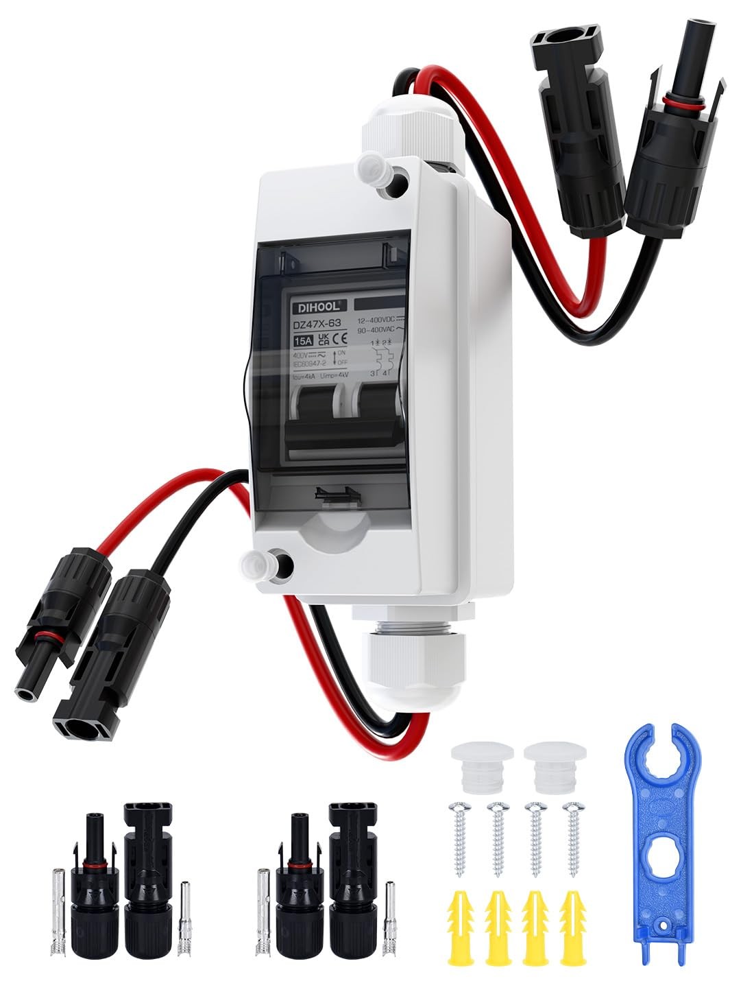 DC Circuit Breaker, Non Polarized, 15 Amp, 2 Pole, 12V-400V, AC DC Disconnect…