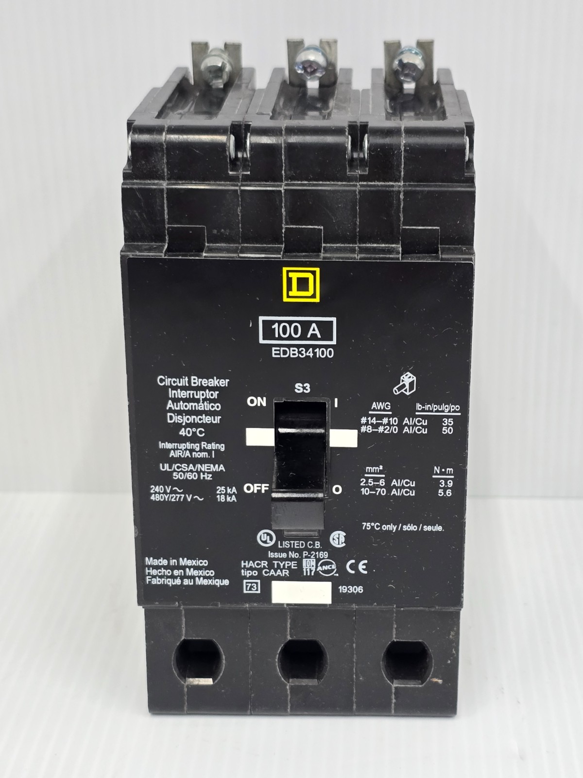 New Square D 100 Amp Bolt-On Circuit Breaker 480Y/277 VAC 3 Pole 25 kA EDB34100
