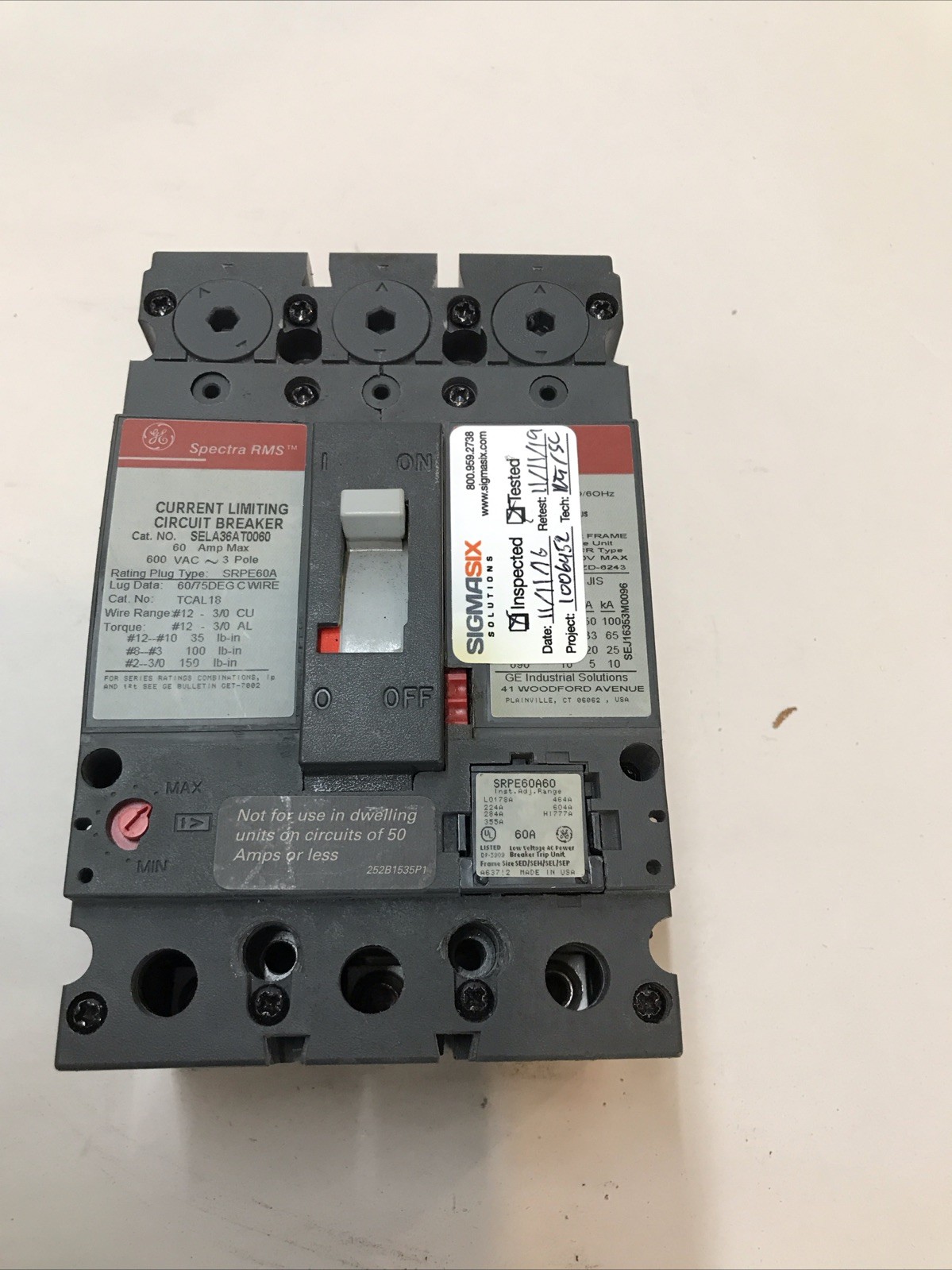 GE Spectra RMS SELA36AT0060 60Amp 3-Pole Circuit Breaker W/ 60Amp Plug Rating