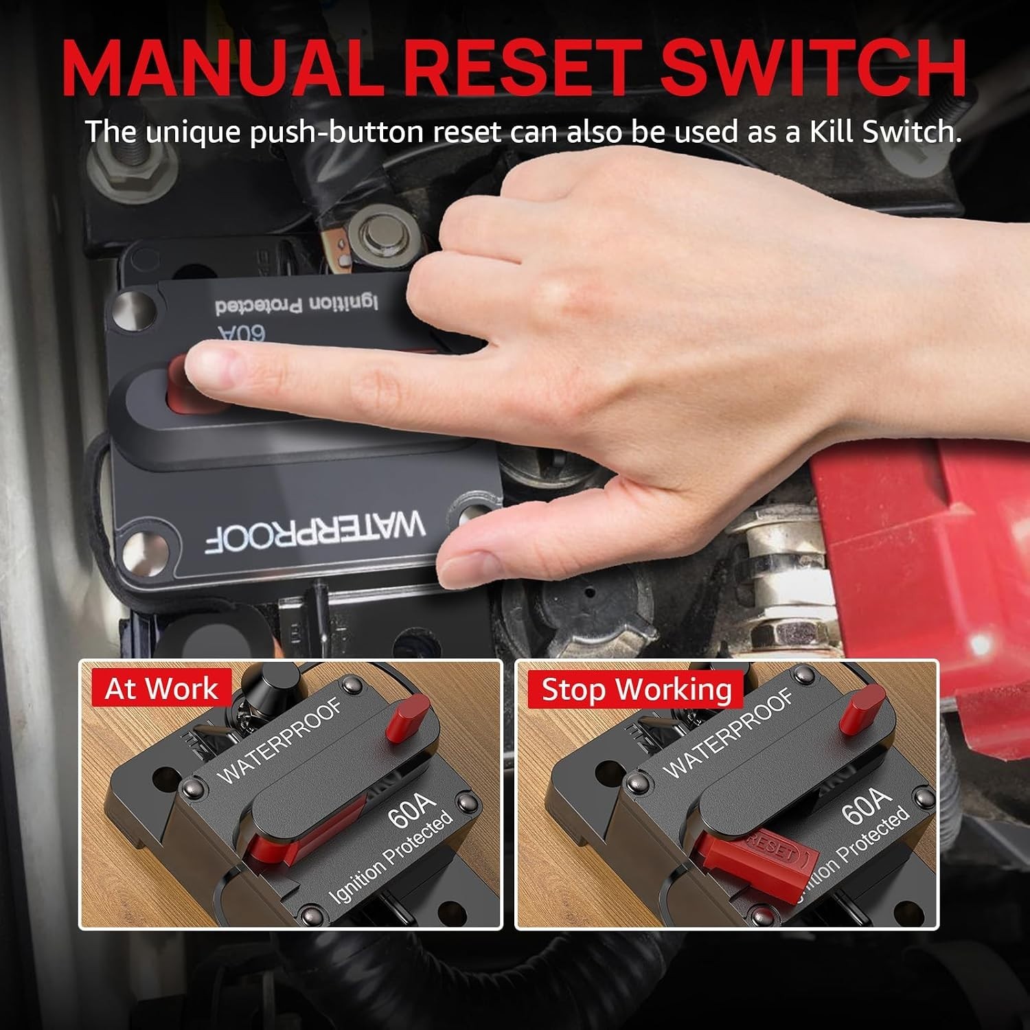 60 Amp Circuit Breaker Waterproof Manual Reset Switch Marine ATV Trailer 12V-48V