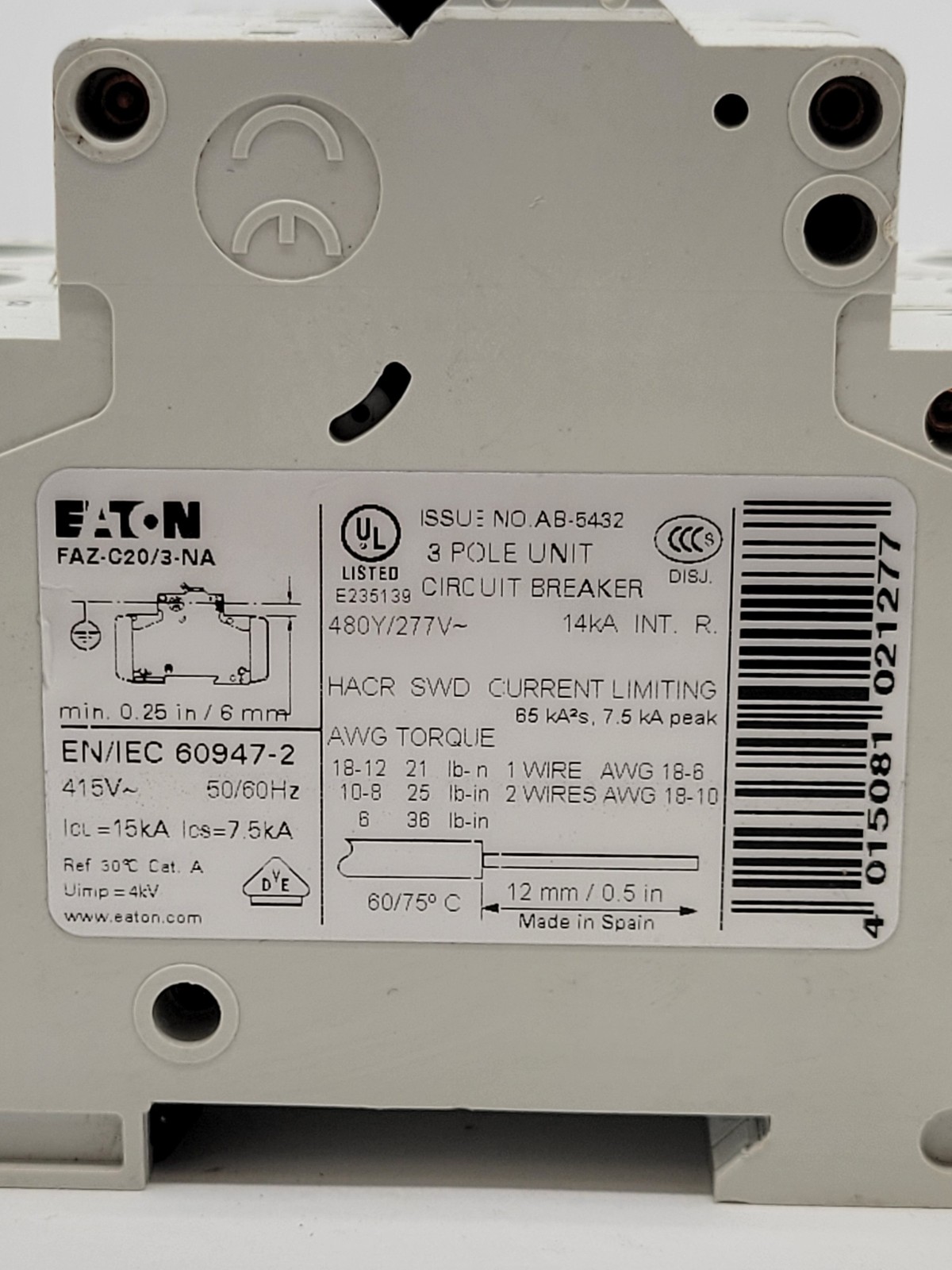 Eaton FAZ-C20/3-NA Miniature Circuit Breaker 20A 3P 480Y/277V 14KA Din Rail