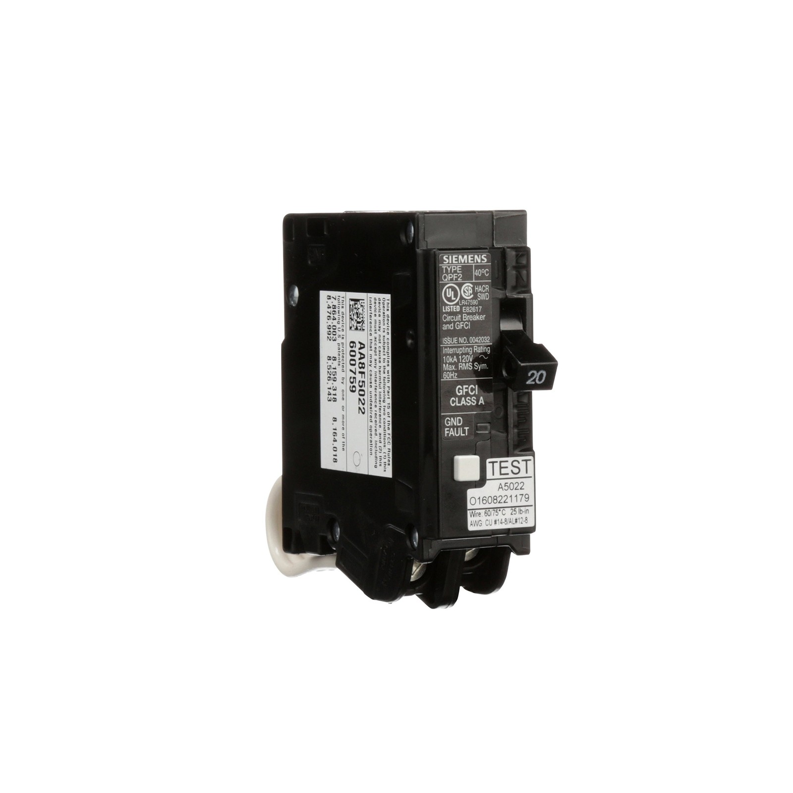SIEMENS QF120A Gfci Circuit Breaker, Plug In, Self Testing, 20 Amp, 1-Pole, 1…