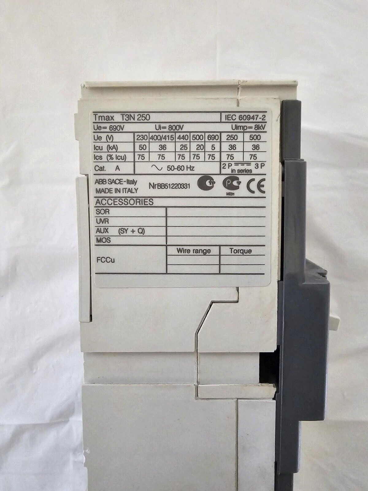 ABB SACE Tmax T3N 250 Circuit Breaker 200A ICE 60947 – 2