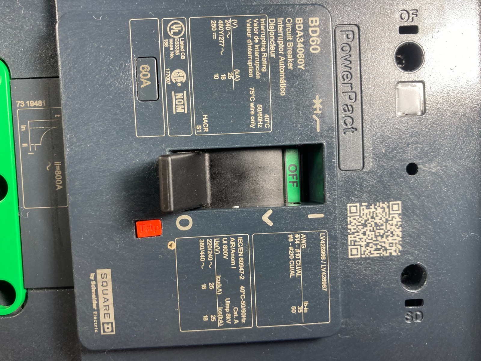 Square D BDA34060Y, 60 Amp, 480 Volt, 3 Pole, BD60 I-LINE Circuit Breaker AC/DC