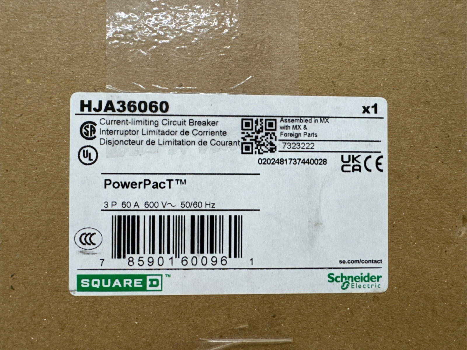 Square D HJA36060 Circuit Breaker 60A 3P 600V PowerPacT H I-Line 65kA@480V NEW