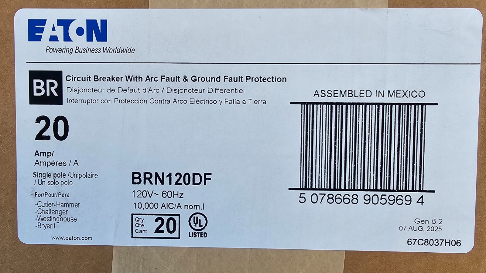 Eaton BRN120DF – 20 Amp Dual Purpose AFCI GFCI Circuit Breaker 1P 20A – 20 Pack