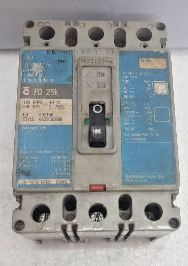 Westinhouse FD 25k 100 Amp Cat F03100 Industrial Circuit Breaker Tested OK