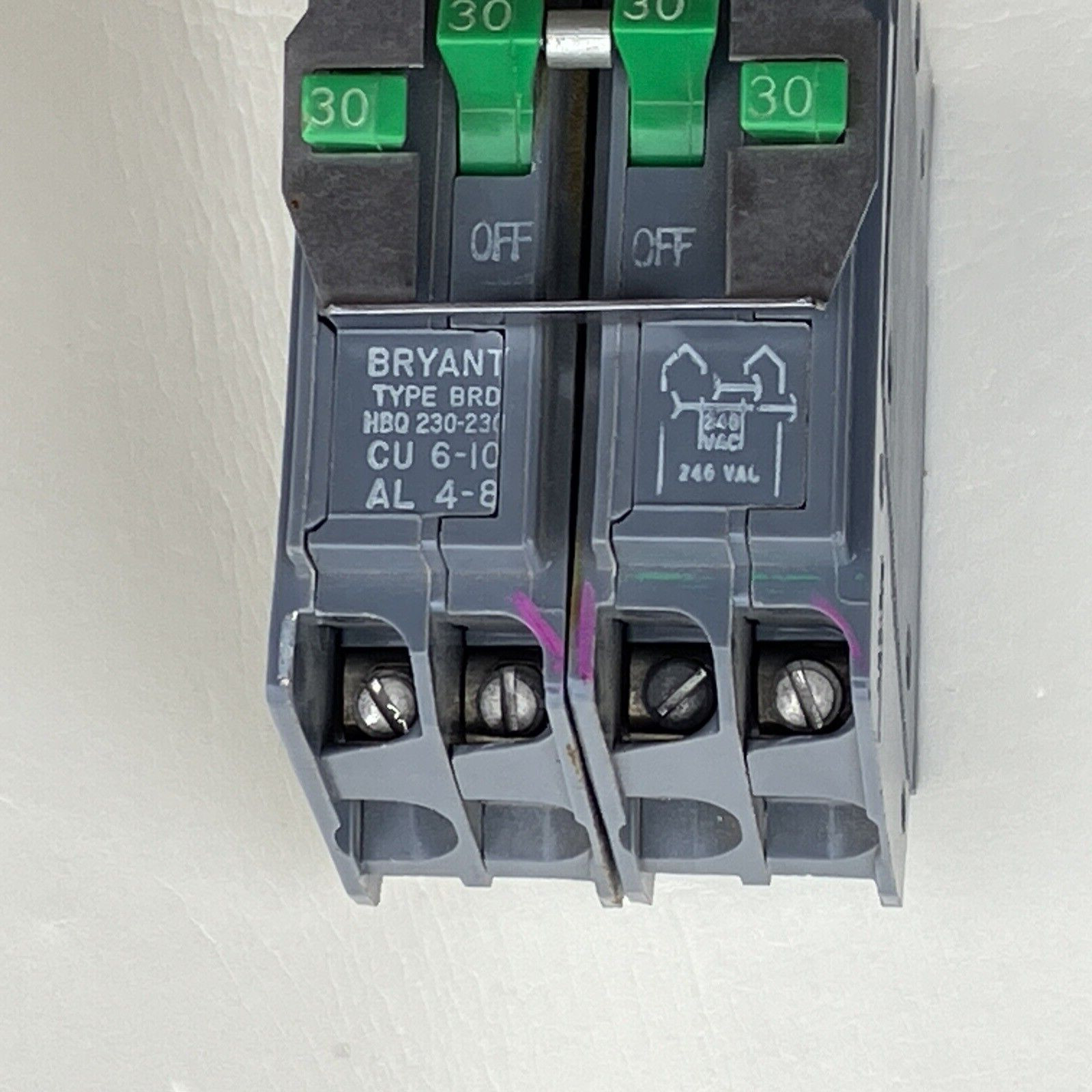 Bryant HBQ230-230 BQ230230 Old style 4-Pole BRD 22kA Quad Breaker Gray / Green