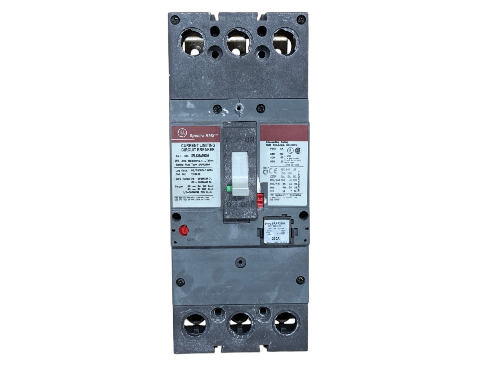 GE SFLA36AT0250 250A 3-POLE 600V SPECTRA RMS 65KA W/ 250A PLUG CIRCUIT BREAKER