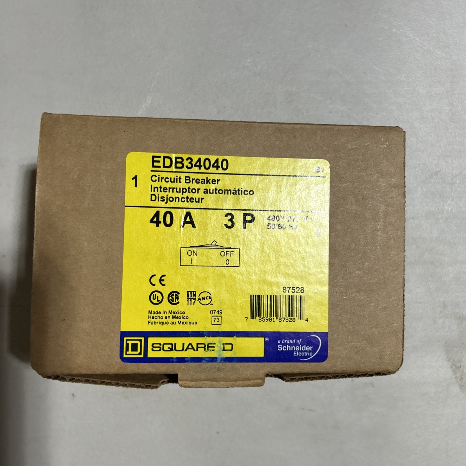 Square D Schneider Electric EDB34040 40 Amp 3 Pole 480V Circuit Breaker New Box