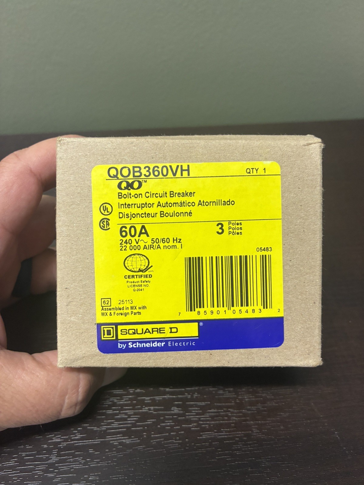 1- Square D QOB360VH 60 Amp 3 Pole 240V 22kA Bolt On Circuit Breaker