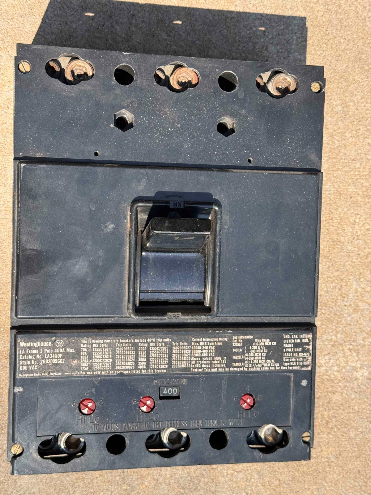 Westinghouse LA3400F Circuit Breaker 400A 3-Pole 600VAC