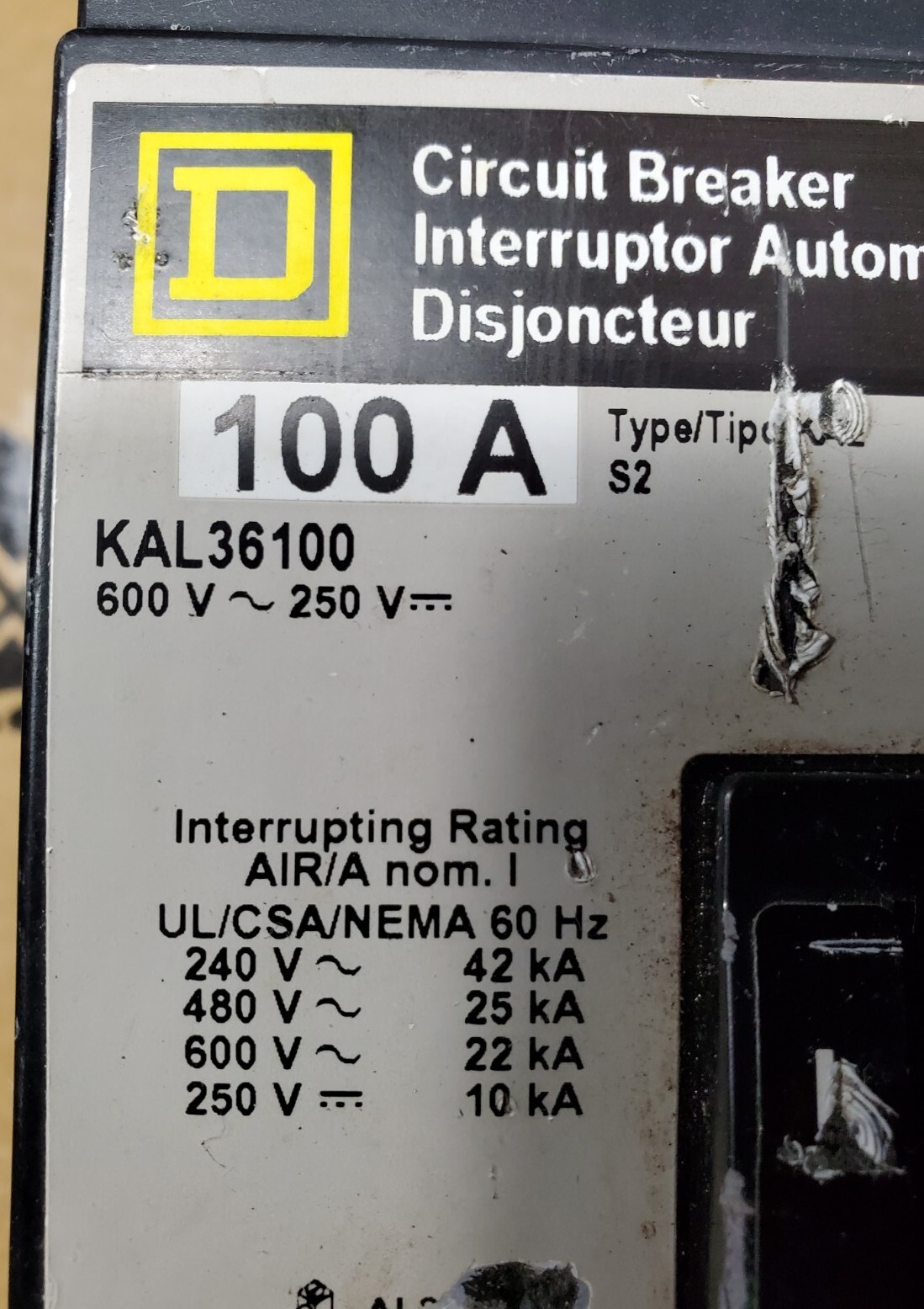 SQUARE D KAL36100 100A 3 pole 600V