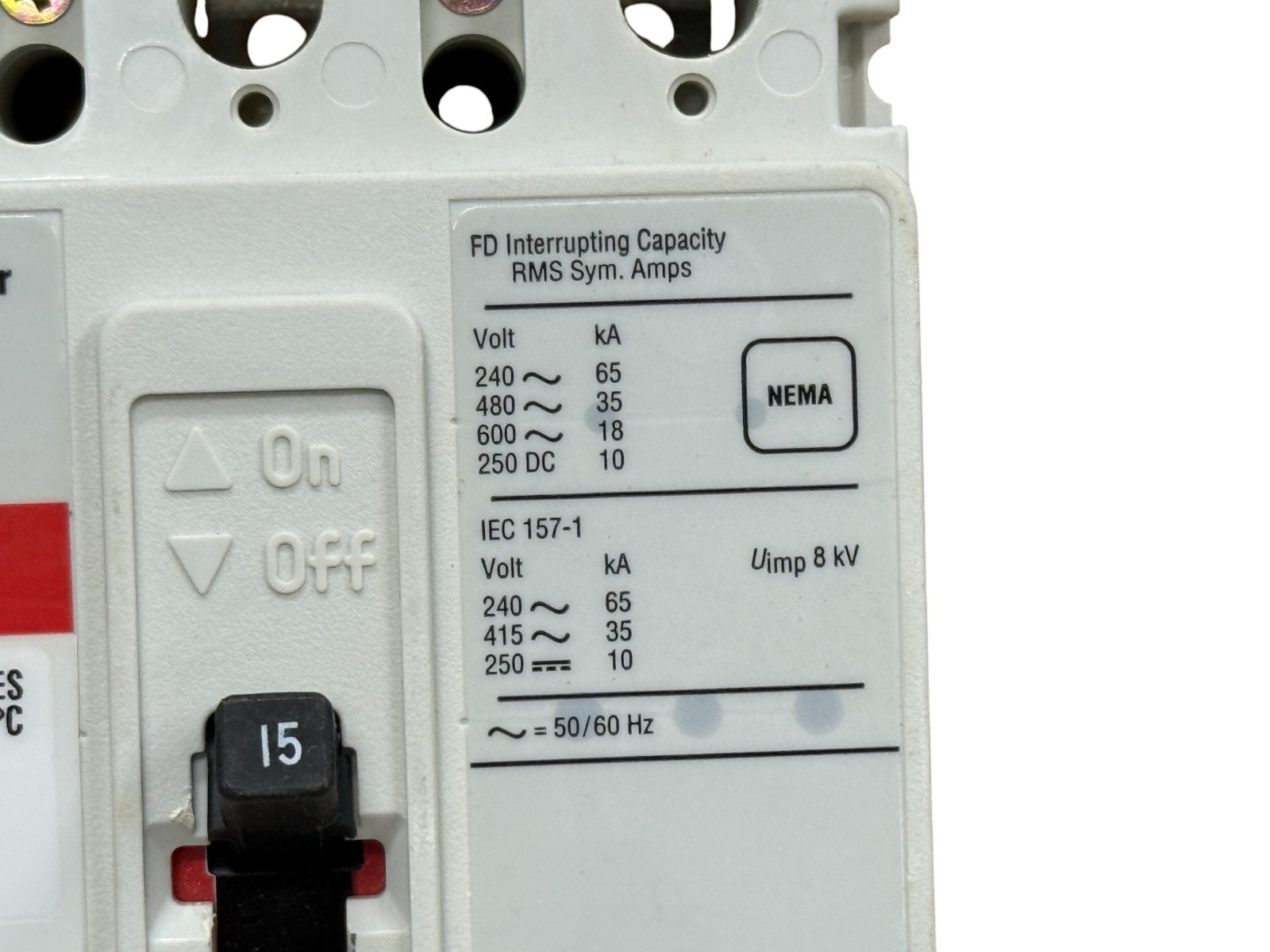 EATON CUTLER HAMMER FD3015V 3 POLE 15 AMP 600 VOLT 35kA@480V CIRCUIT BREAKER