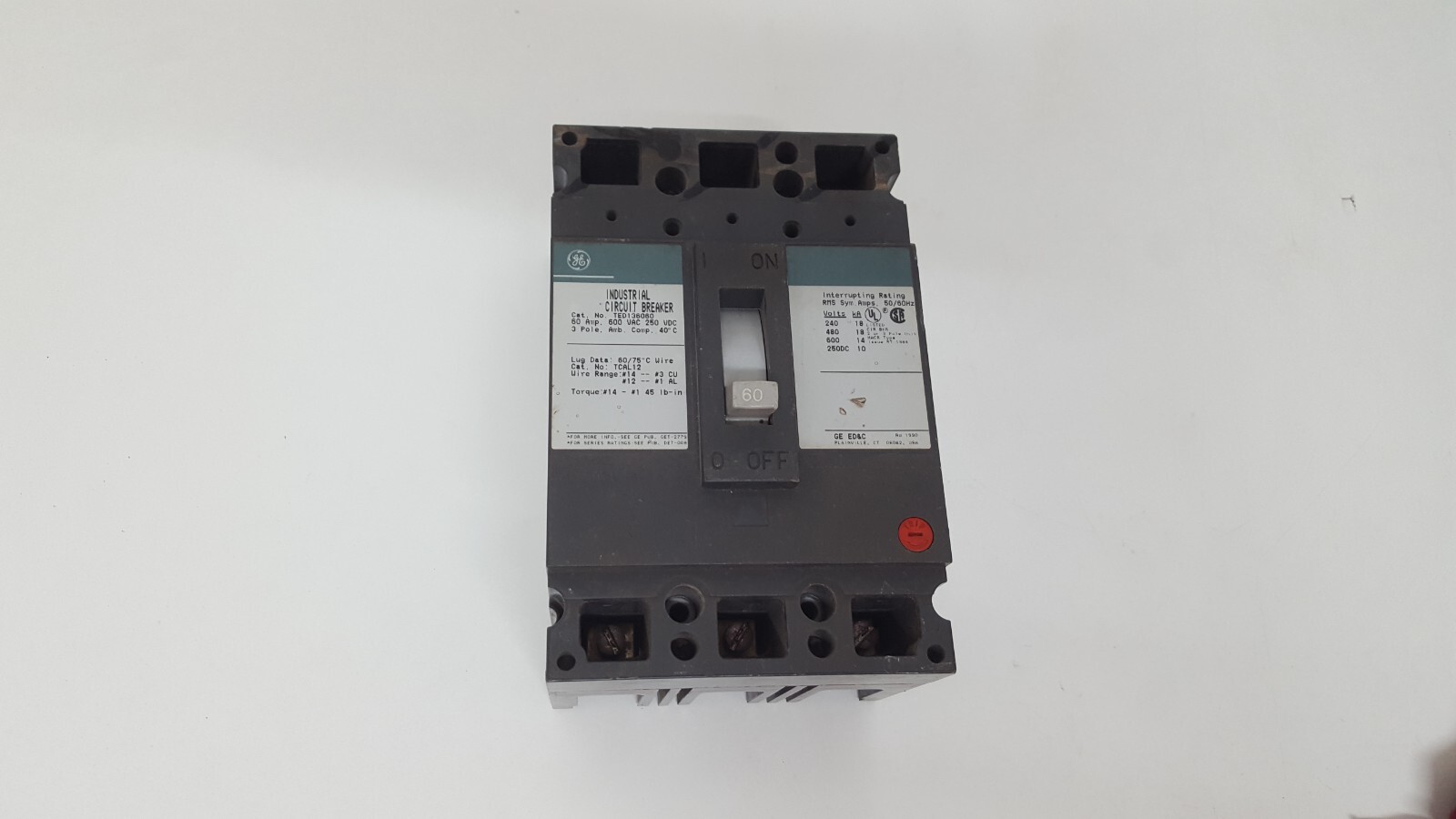 GE TED136060 CIRCUIT BREAKER 3 POLE 60 AMPS 600VAC / TESTED OK