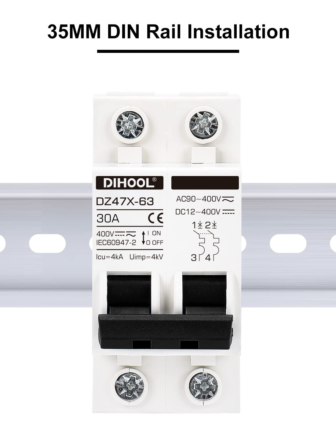 Solar Disconnect Switch, 30 Amp 2 Pole, DIN Rail Mount, Non Polarized, 12V 24V 4