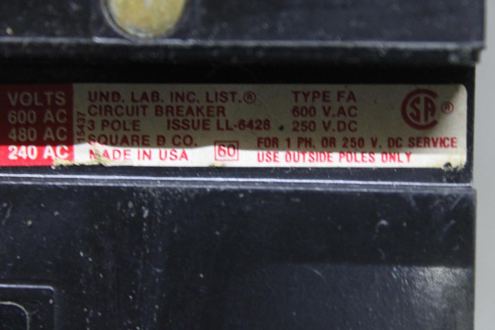 SQUARE D I-LINE CIRCUIT BREAKER FH36100 100 AMP 600 VAC 3-POLE