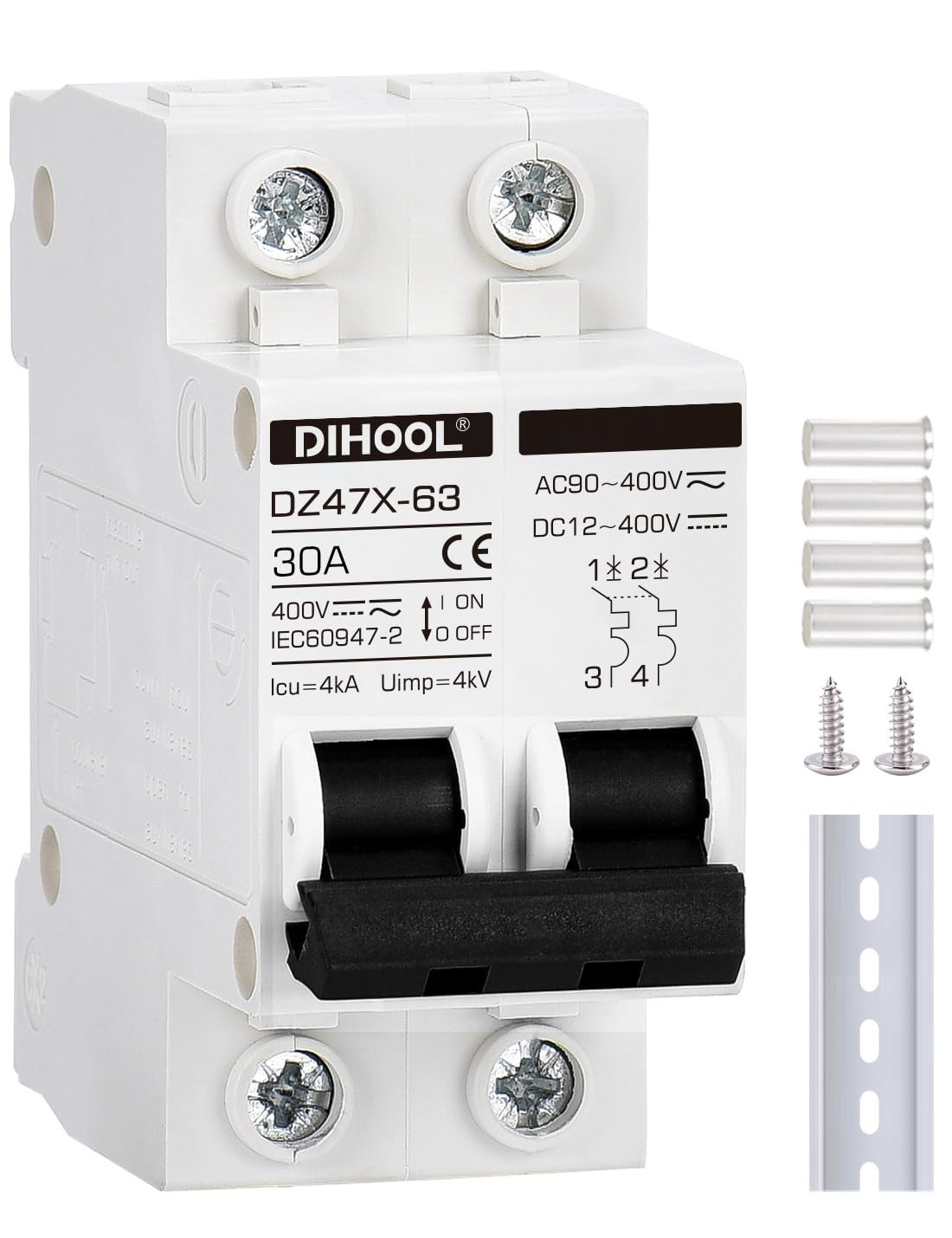 Solar Disconnect Switch, 30 Amp 2 Pole, DIN Rail Mount, Non Polarized, 12V 24V 4