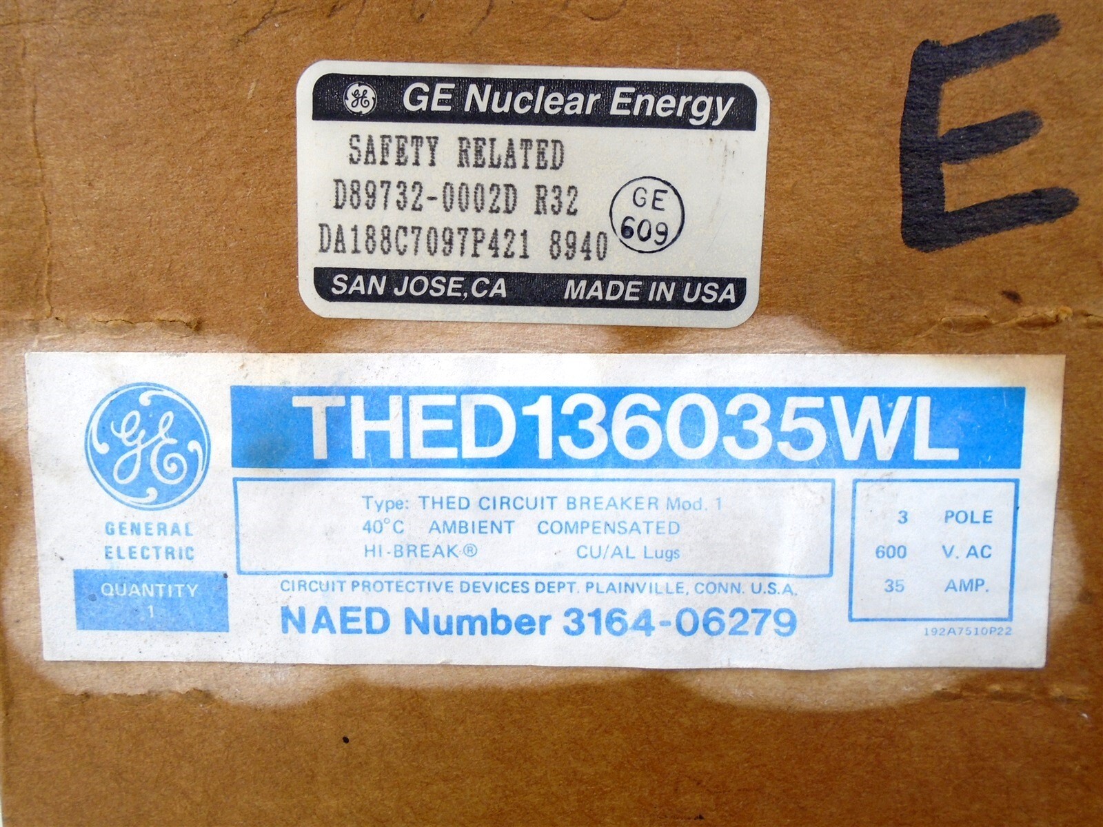 GE – THED136035WL -35A, 3 Pole, 240-600 VAC – w/EXTERNAL RESISTOR 20k Ω 25W