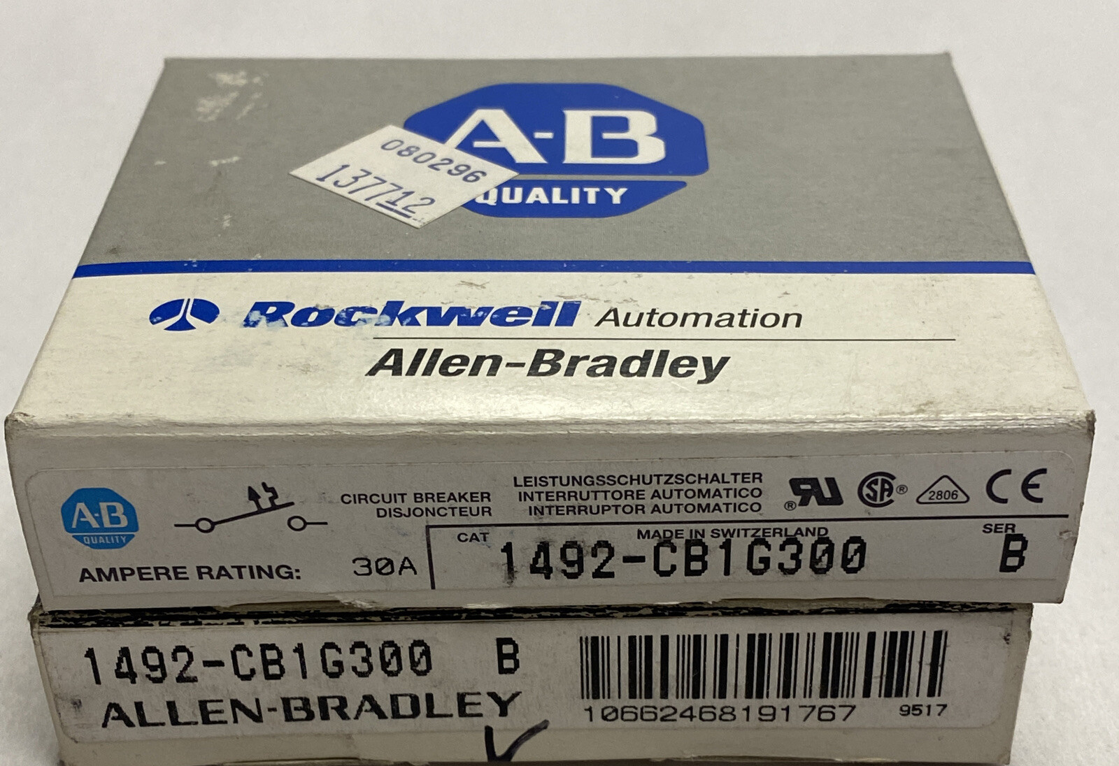 Allen Bradley,1492-CB1G300,Ser B Circuit Breaker 30A Lot Of 2 NOS