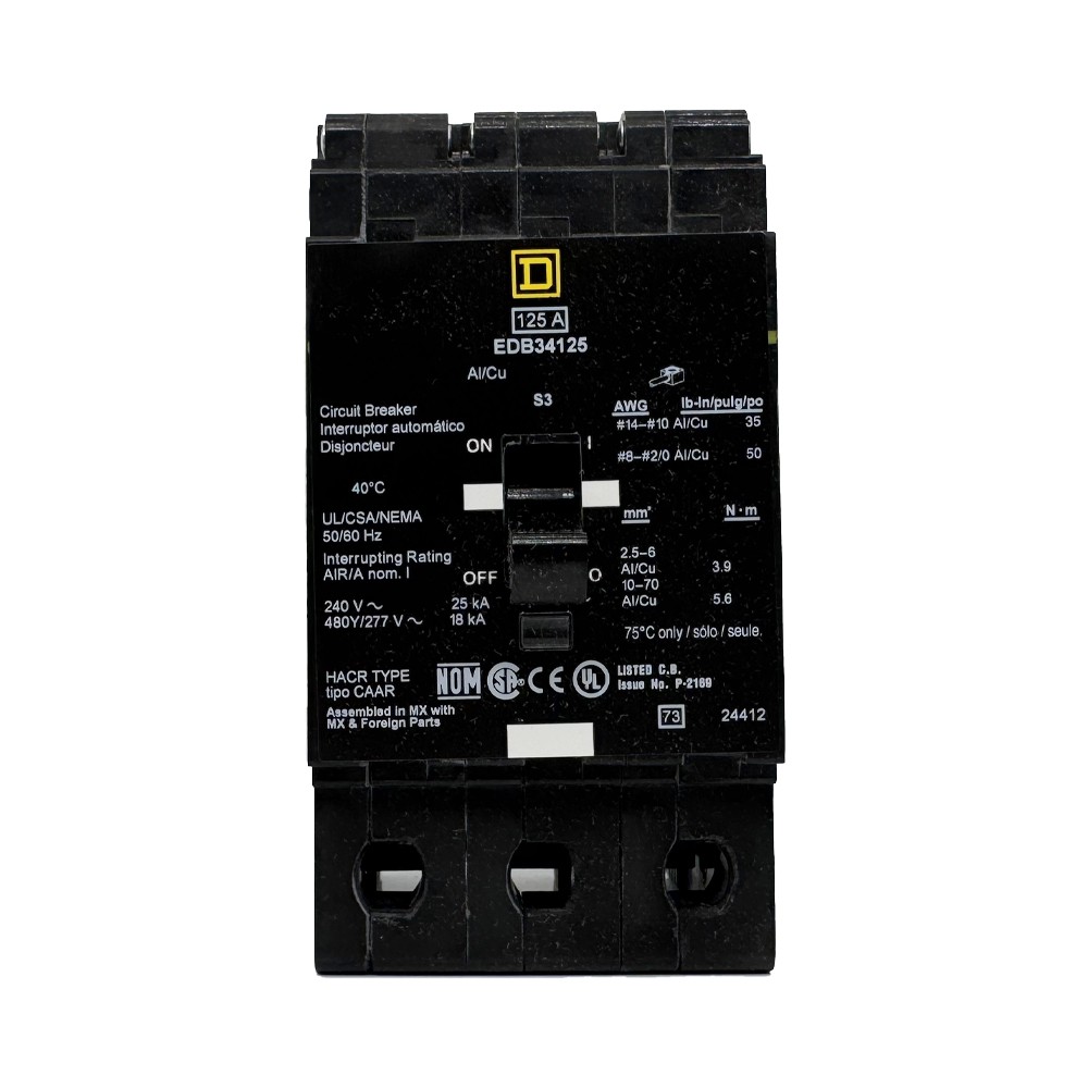 EDB34125 Mini circuit breaker, E-Frame, 125A, 3 pole, 480Y/277VAC, 25kA max