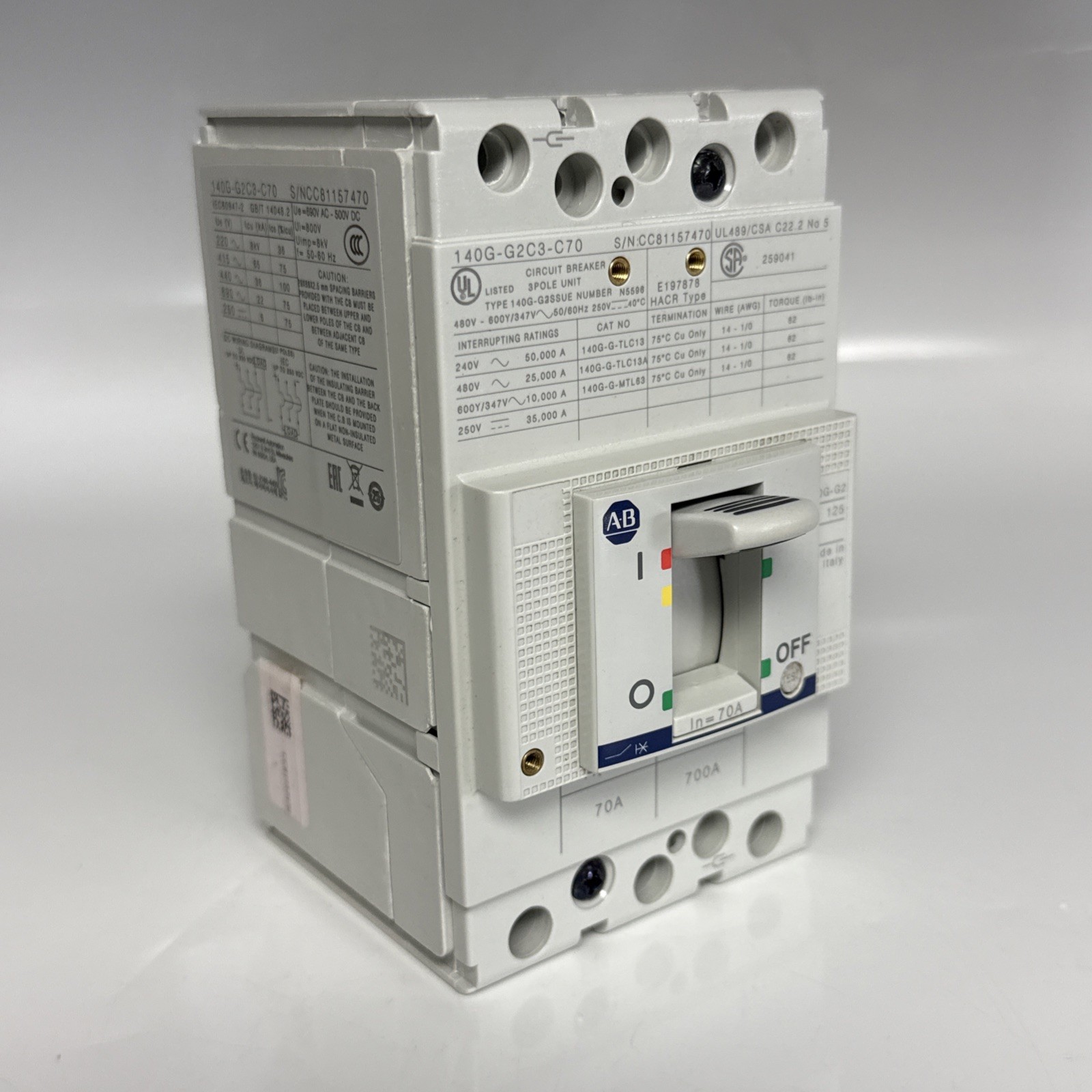 Allen Bradley 140G-G2C3-C70 Molded Case Circuit Breaker 70A 600VAC 3P 25kA