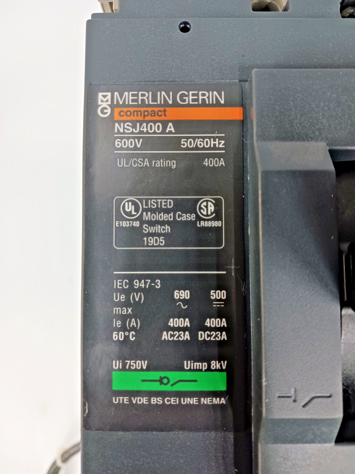 Merlin Gerin 400 Amp Molded Case Switch W/ Adapter & Shunt Trip 3P 600V NSJ400A