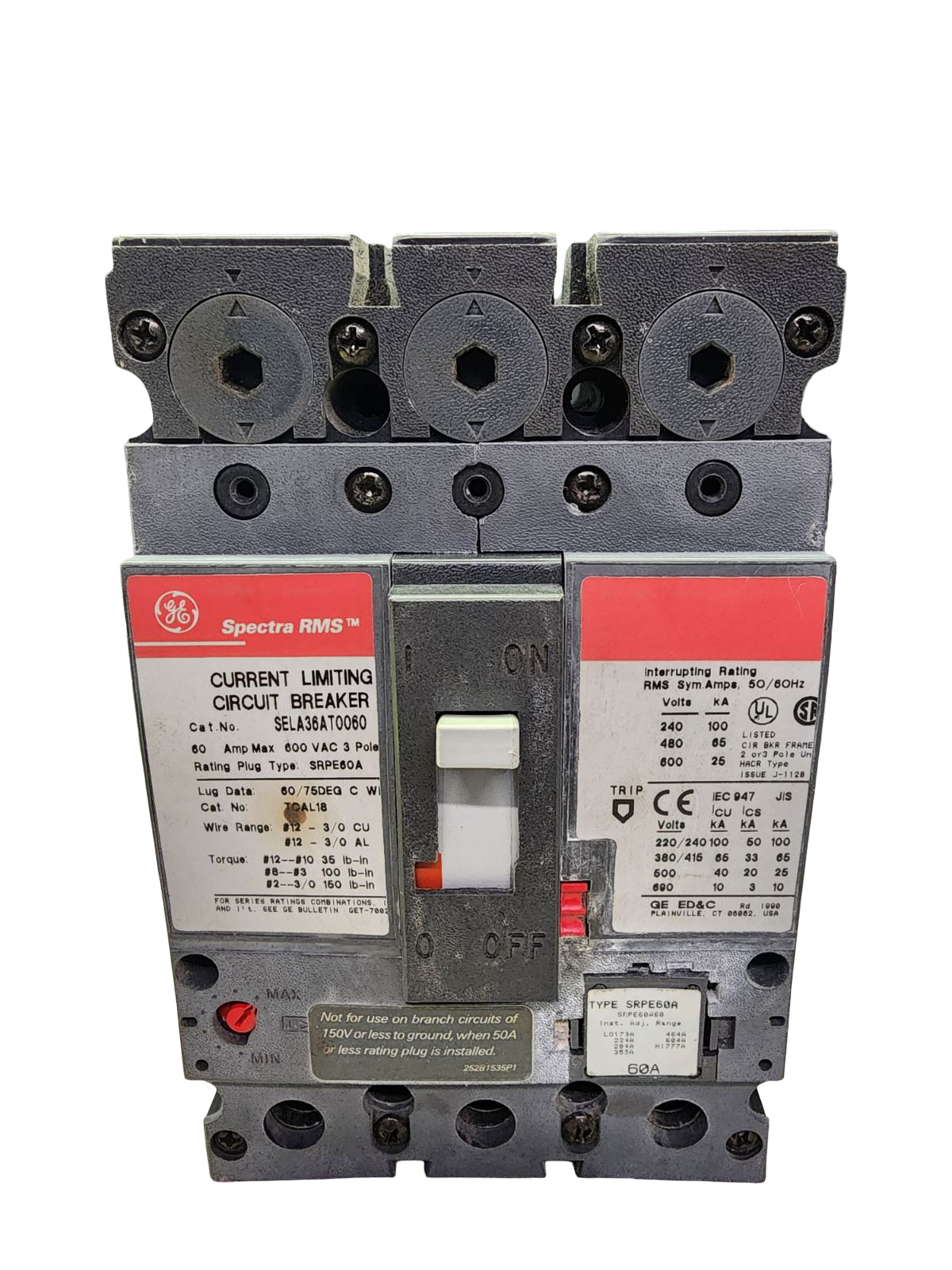 GE Spectra RMS SELA36AT0060 Circuit Breaker 60A 600V 3 Pole with SRPE60A Rating