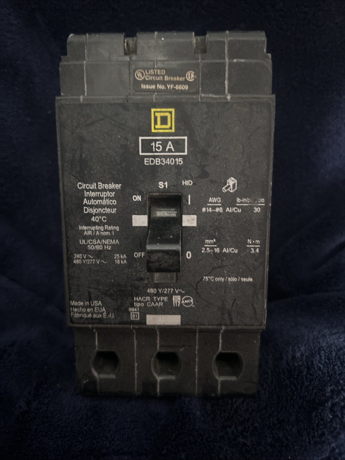 ⚡️⚡️Square D EDB34015 Circuit Breaker 3 Pole 15 Amp 480V AC⚡️⚡️
