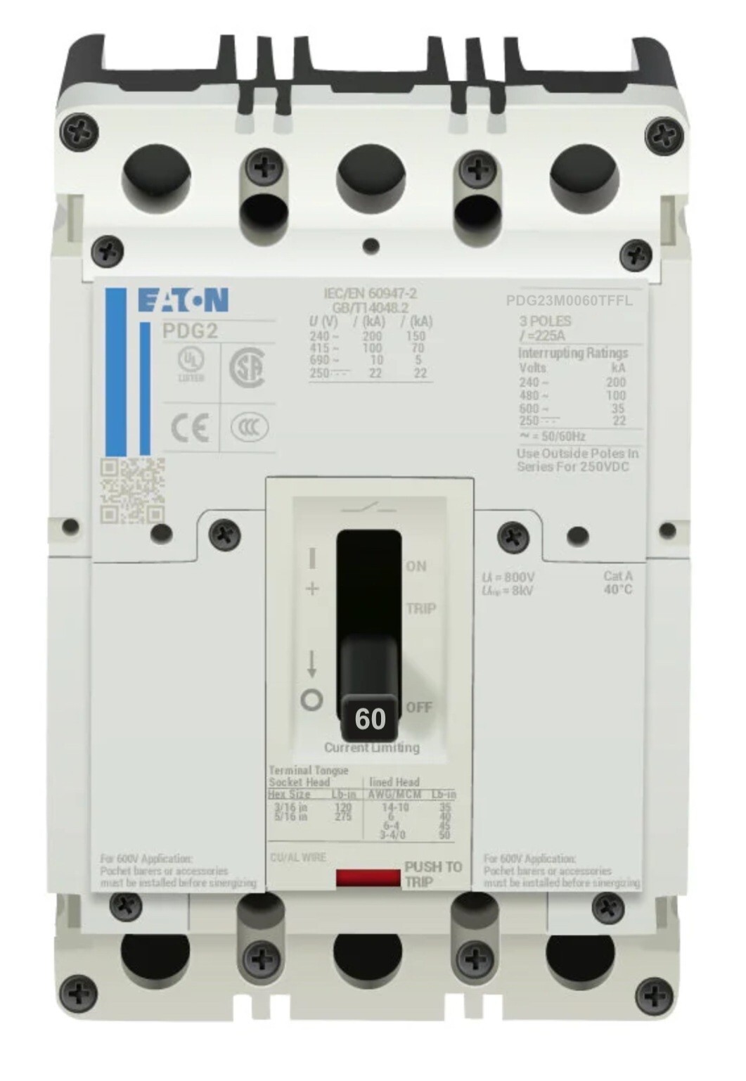 PDG23M0060TFFL – Eaton – Circuit Breakers Feed-Thru – 60 Amp -3 Pole – 600 Volt