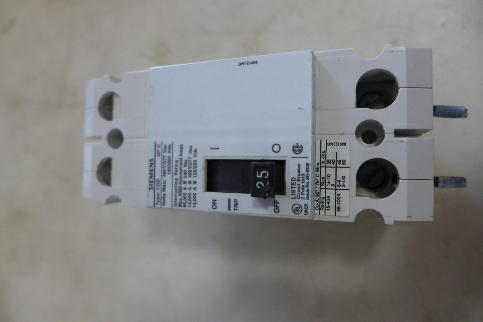 R14 SIEMENS CQD BREAKER 2 POLE SD-9286 480/277Vac 125/250Vdc FREE SHIPPING