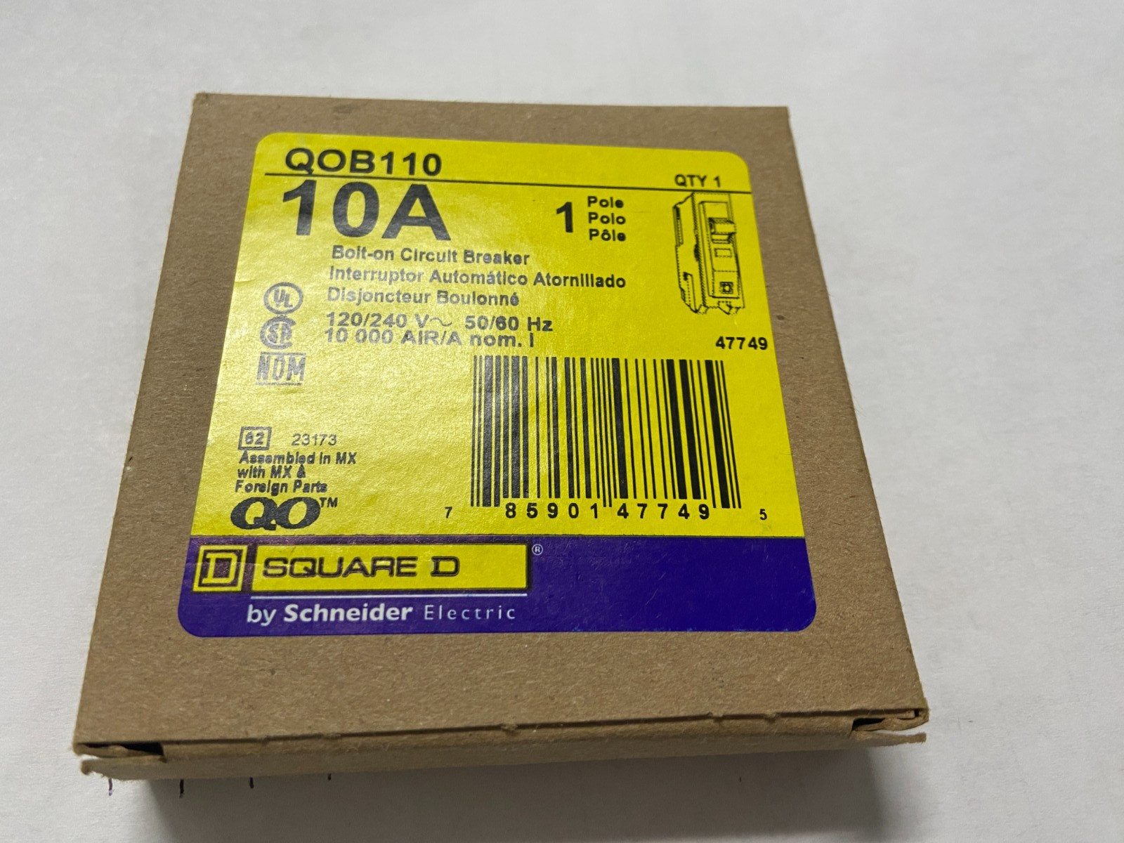 QOB110 – Square D Bolt-On 120V 10A 1 pole circuit breaker 10kA@120V NEW