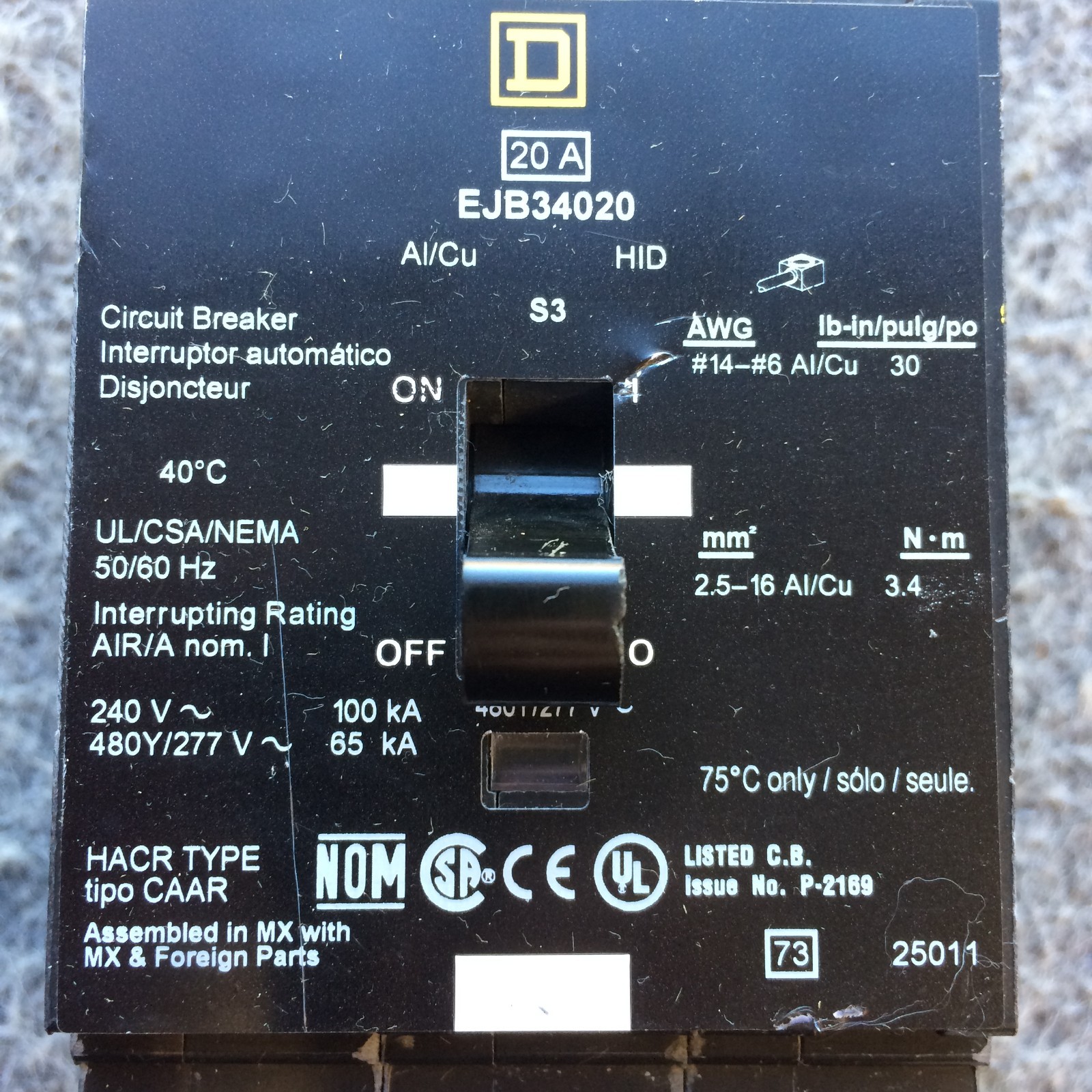 NEW TAKEOUT SQUARE D EJB34020 3-Pole 480 Volt 20 Amp Bolt-On Circuit Breaker