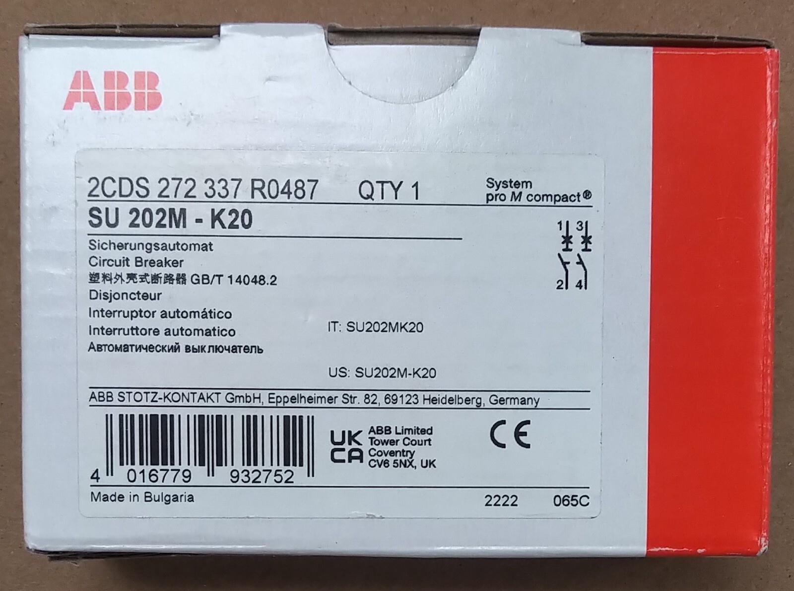 ABB SU202M-K20 CIRCUIT BREAKER, 2-POLE, 20A, K CURVE, SU 202M-K20, NIB