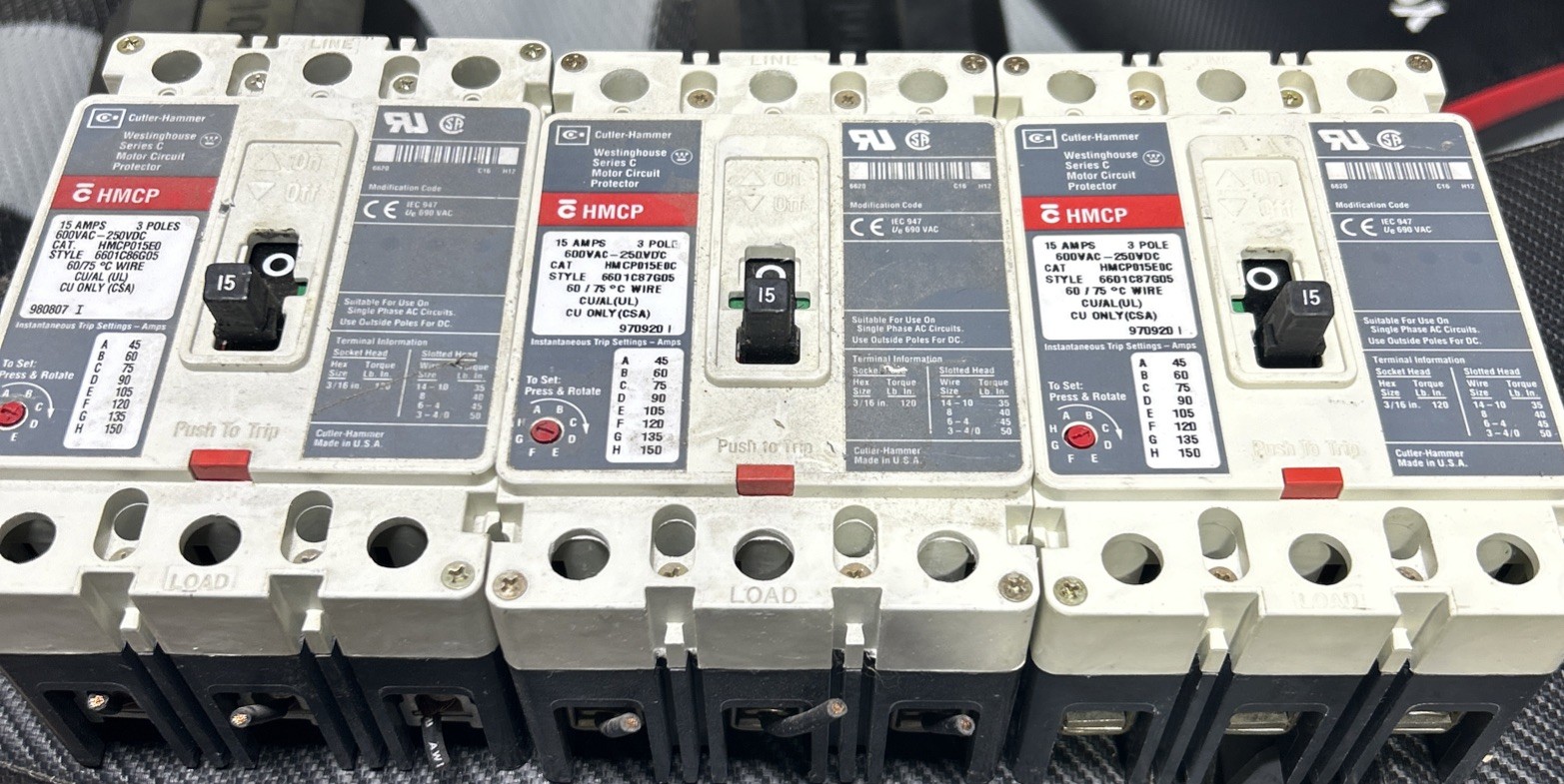 3 Used EATON /Cutler Hammer HMCP015EOC 15 Amp 600 Volt 3 Pole Circuit Breakers