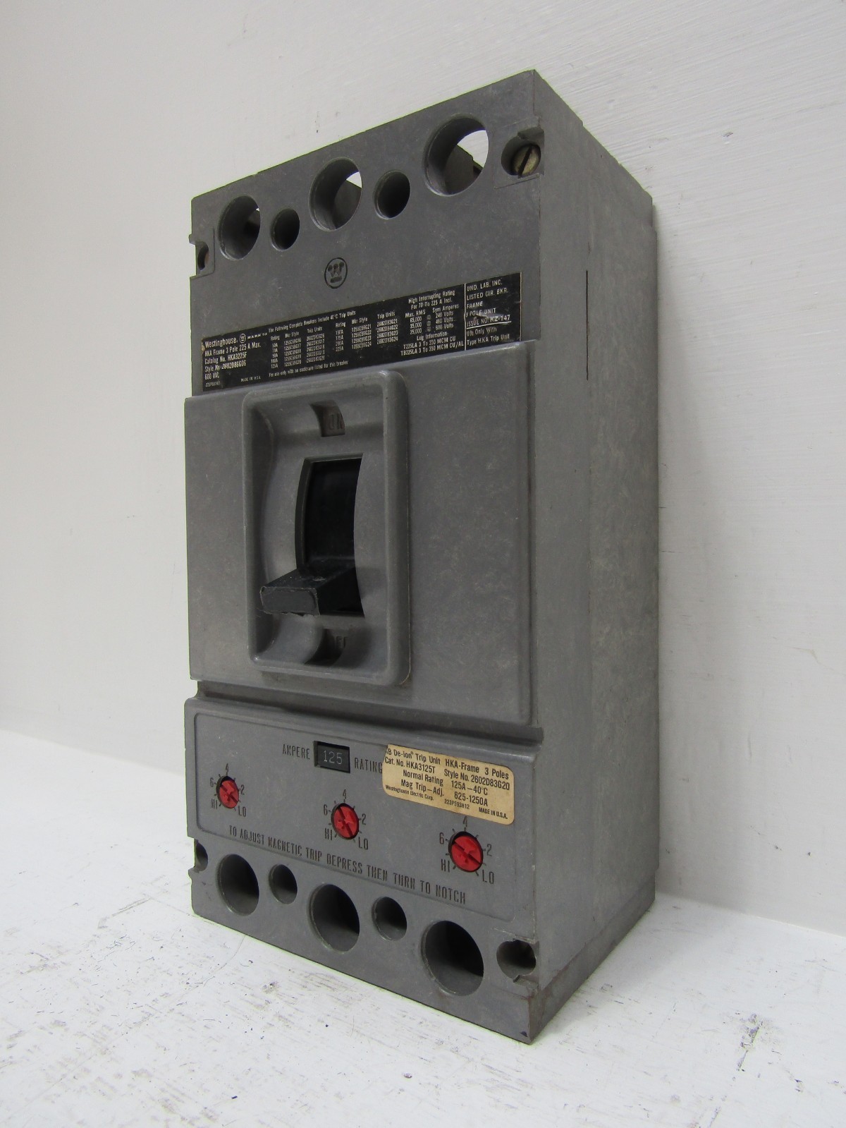 Westinghouse HKA3225F 125 Amp 600V 3-Pole HKA Circuit Breaker 125A Trip Unit
