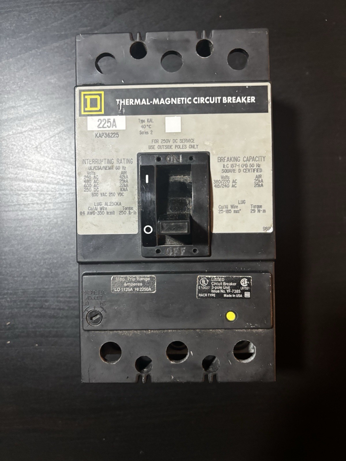Square D KAP KAP36225 3 Pole 225 Amp 600V Gray Label Circuit Breaker