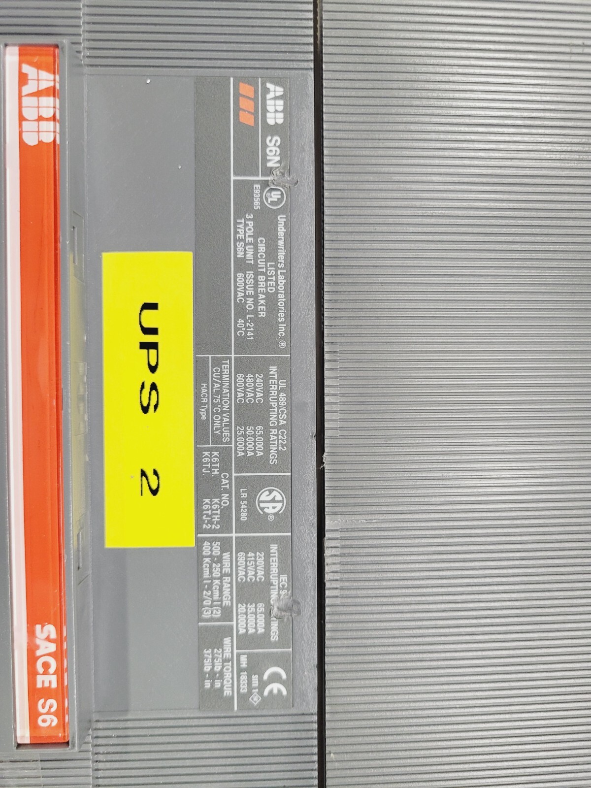 ABB MAIN BREAKER, S6N600BSASB, 600 A, 3 POLES, 600 V, S4H TYPE, SEE DETAILS.