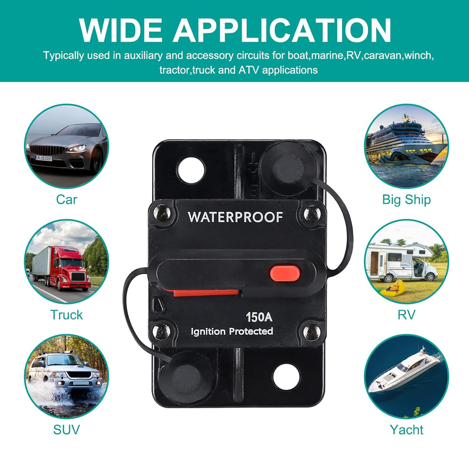 150 Amp Waterproof Circuit Breaker,With Manual Reset,12V-48V DC, for Car Marine
