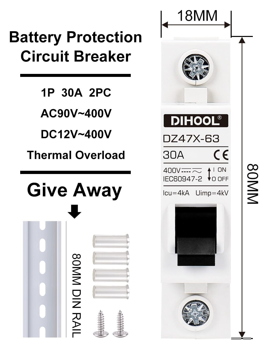 AC/DC Miniature Circuit Breakers, 2 Pack, Single Pole 30 Amp, 12V 24V 48V 400…