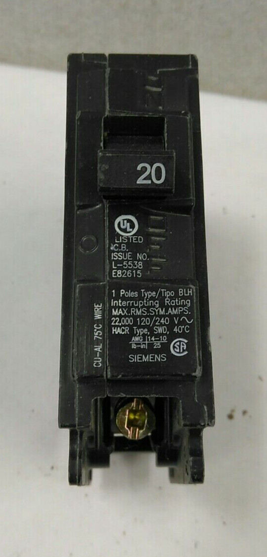 SIEMENS/BREAKER/B120H/ 20A/1P/120VAC/22KA/TYPE BLH/BOLT-IN/USE(L149