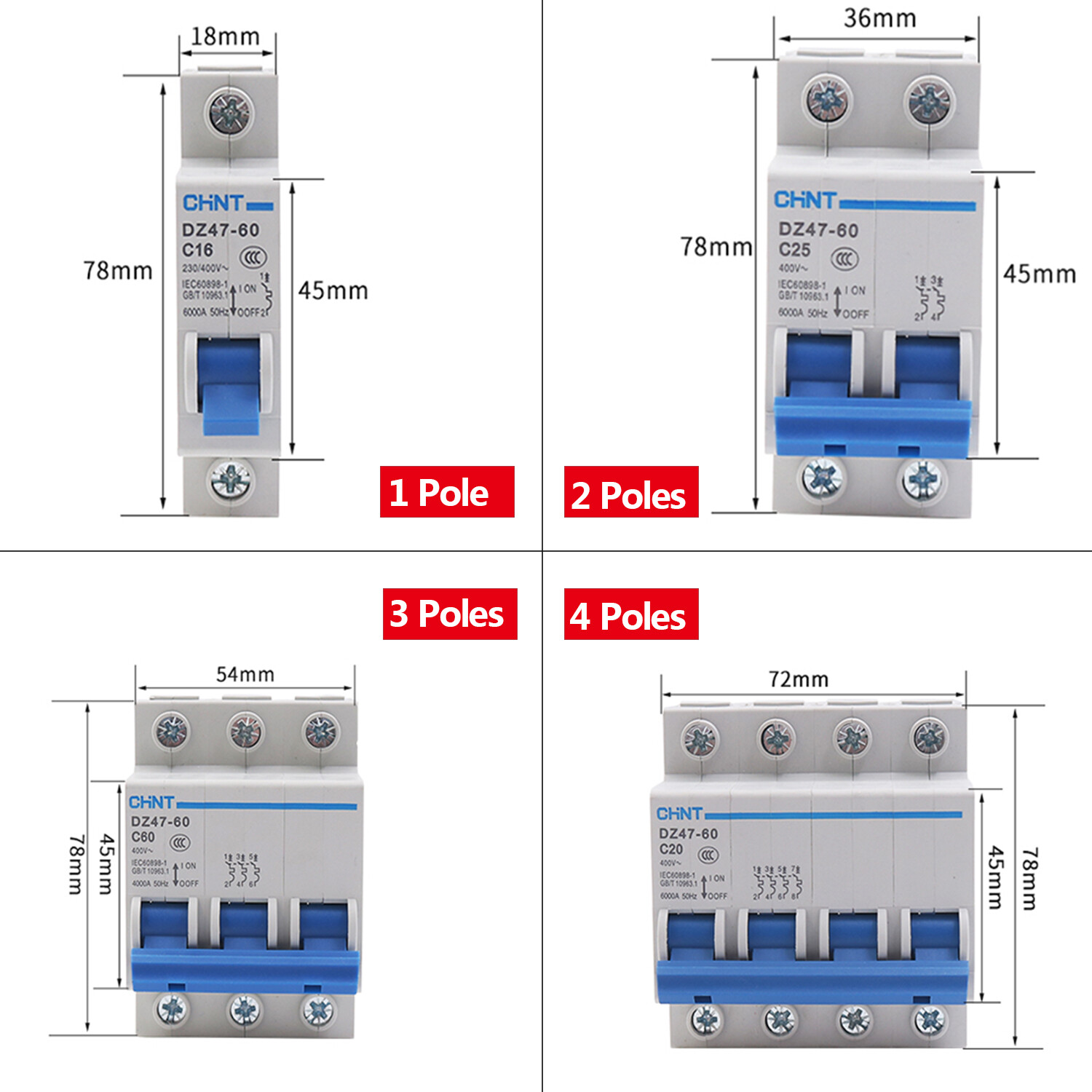 Circuit Breakers 1/2/3/4/6/10/16/20/25/32/40/60 Amp MCB Type C 6kA 1/2/3/4-Poles