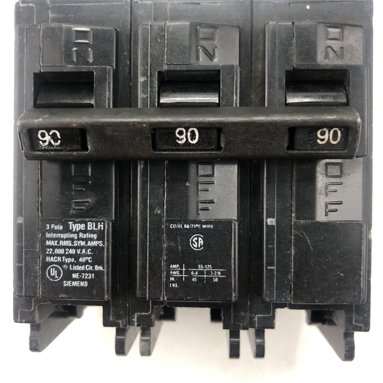 Siemens BLH390 Circuit Breaker 3-Pole 240v 90A BLH HACR NE-7231