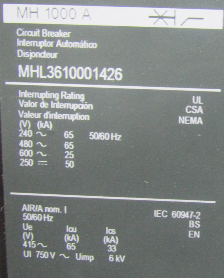 😍SQUARE D 1000A CIRCUIT BREAKER WITH SHUNT AND AUX 600VAC/250DC MHL3610001426