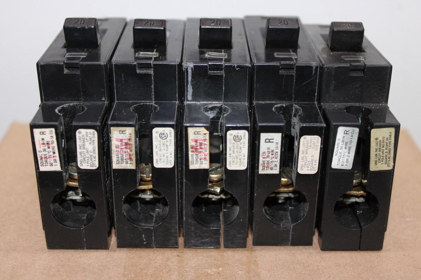 LOT OF 5 SQUARE D CIRCUIT BREAKER EHB14020 20 AMP 1-POLE 480/277 VAC